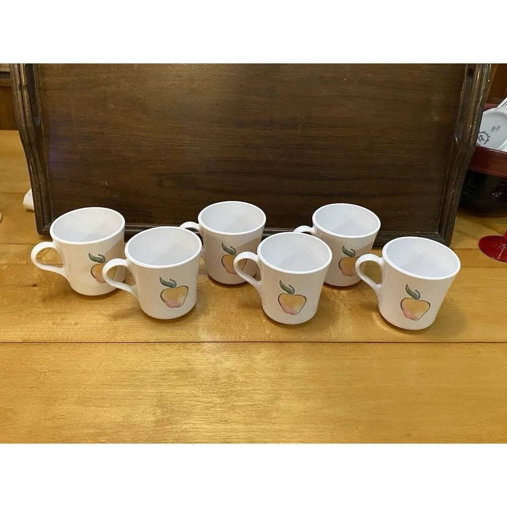 Corelle Fruit Basket Mugs Set 6 Apples Cherries White Coffee Cups Vintage Tea